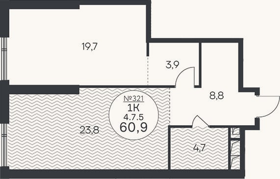 Планировка: 2-к, 60,9 м²