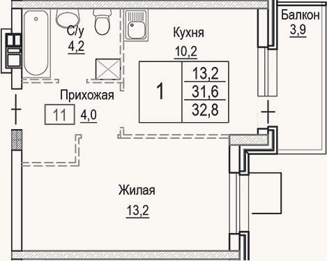 Планировка: 1-к, 31,6 м²