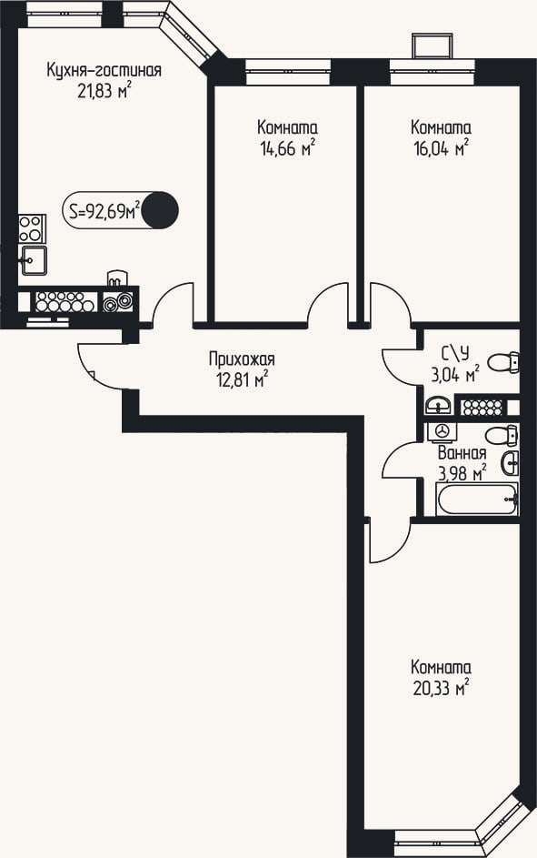 Планировка: 4+ к, 92,7 м²