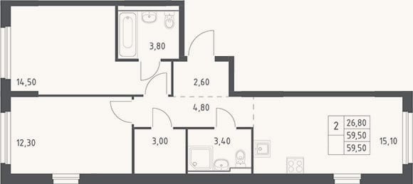 Планировка: 3-к, 59,5 м²