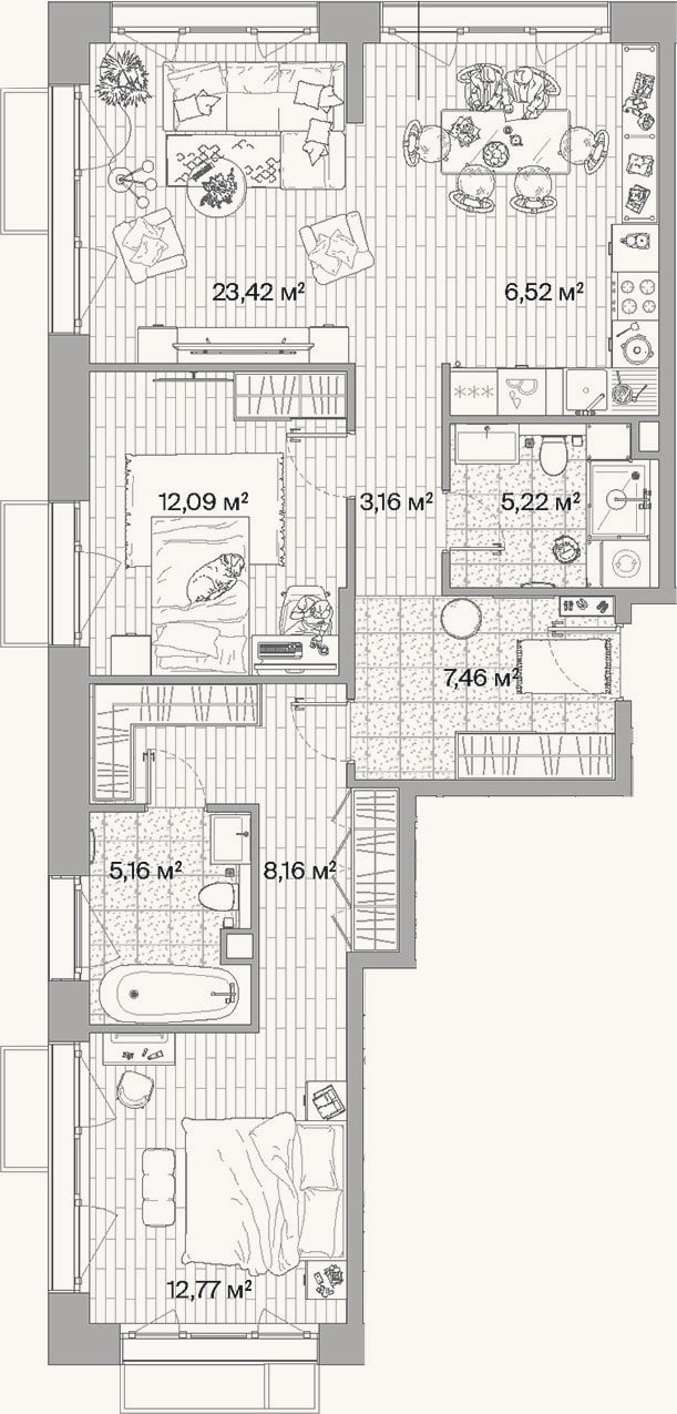 Планировка: 3-к, 84 м²