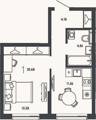 Планировка: 1-к, 35,7 м²