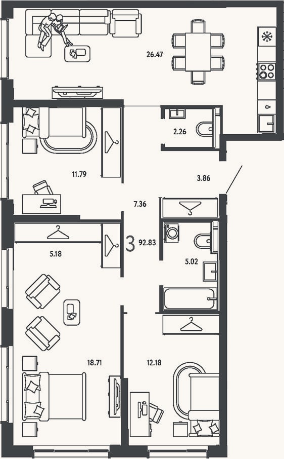 Планировка: 3-к, 92,8 м²