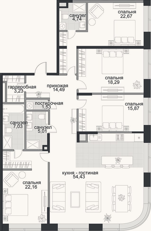 Планировка: 4+ к, 169,5 м²