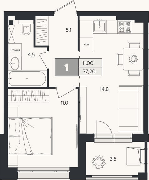 Планировка: 1-к, 35,4 м²