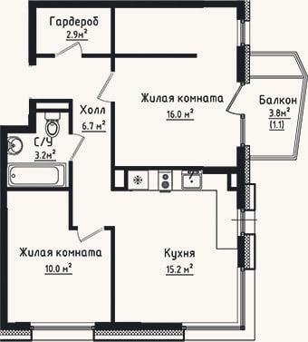 Планировка: 2-к, 54 м²