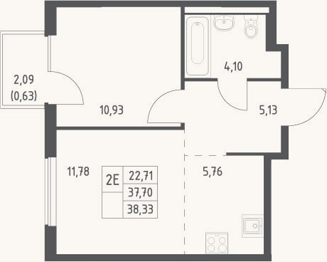 Планировка: 2-к, 37,7 м²