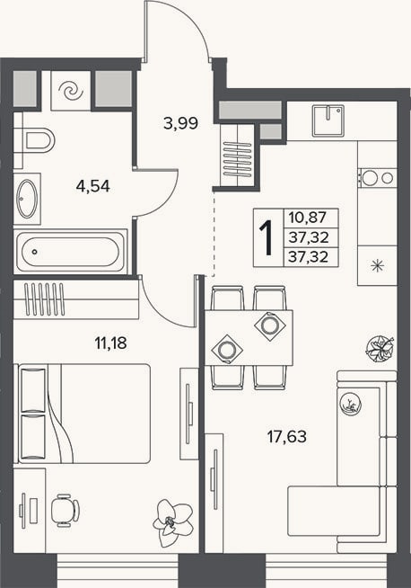 Планировка: 2-к, 37,3 м²