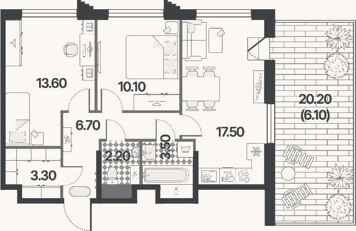 Планировка: 3-к, 56,9 м²