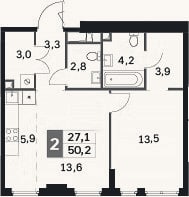 Планировка: 2-к, 50,2 м²
