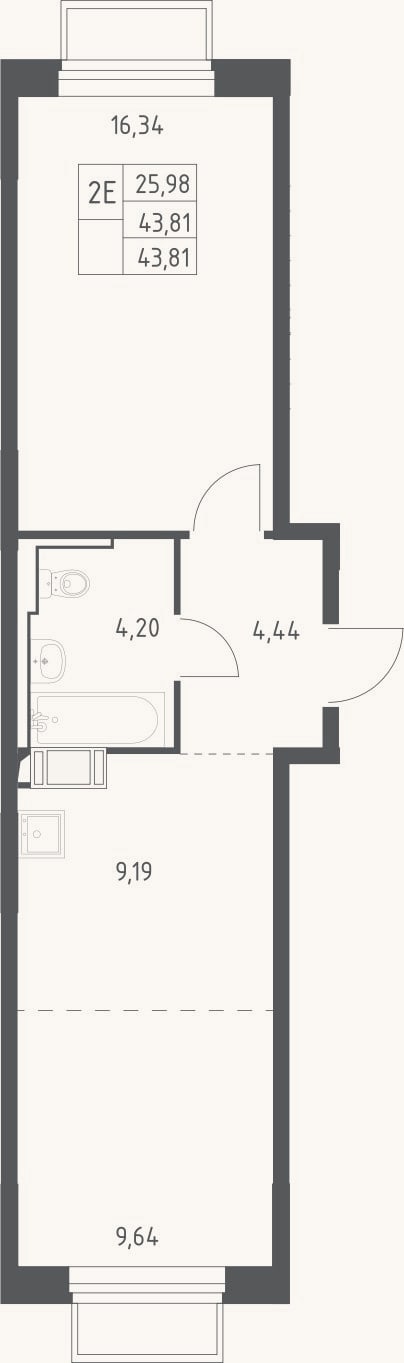 Планировка: 2-к, 43,8 м²