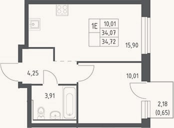Планировка: 2-к, 34,1 м²