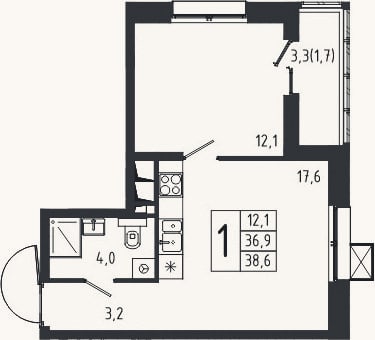 Планировка: 1-к, 36,9 м²
