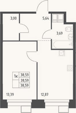 Планировка: 1-к, 38,6 м²