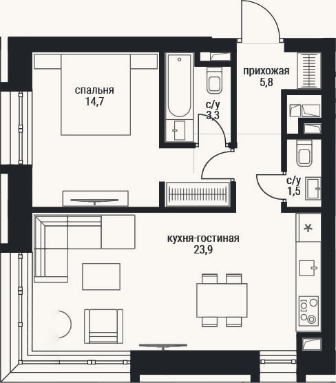 Планировка: 2-к, 51,2 м²