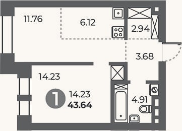 Планировка: 1-к, 43,6 м²