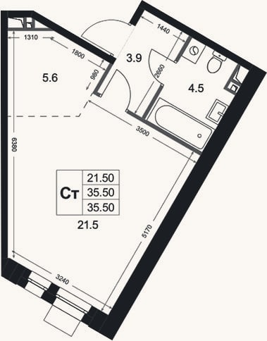 Планировка: Студия, 35,5 м²