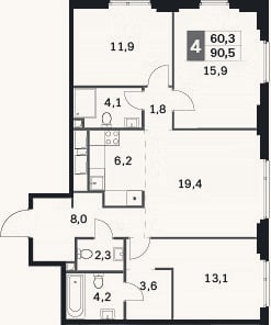Планировка: 4+ к, 90,5 м²