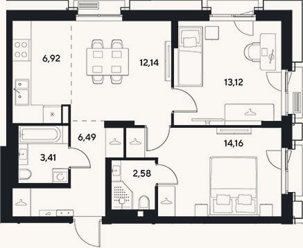 Планировка: 3-к, 58,8 м²