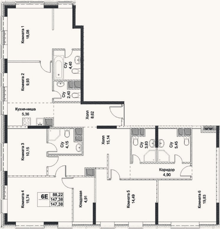 Планировка: 4+ к, 147,4 м²