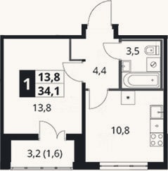 Планировка: 1-к, 32,5 м²