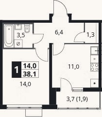Планировка: 1-к, 36,2 м²