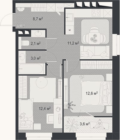 Планировка: 2-к, 50 м²