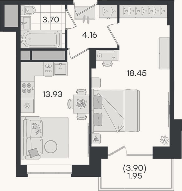 Планировка: 1-к, 40,2 м²