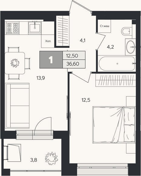 Планировка: 1-к, 34,7 м²