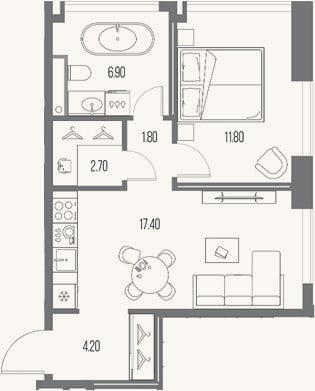 Планировка: 1-к, 44,8 м²