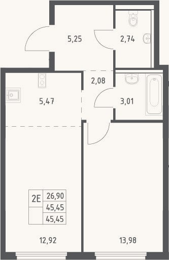 Планировка: 2-к, 45,5 м²