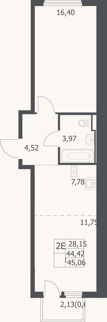 Планировка: 2-к, 44,4 м²