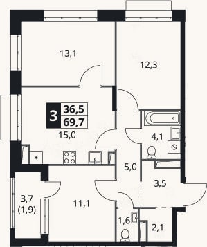 Планировка: 3-к, 67,8 м²