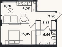Планировка: 2-к, 42,7 м²