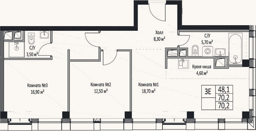 Планировка: 3-к, 70,2 м²