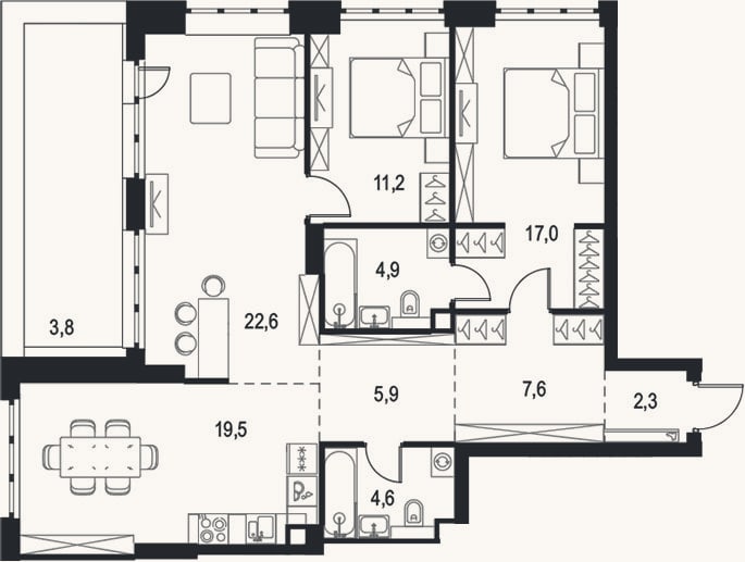 Планировка: 3-к, 95,6 м²