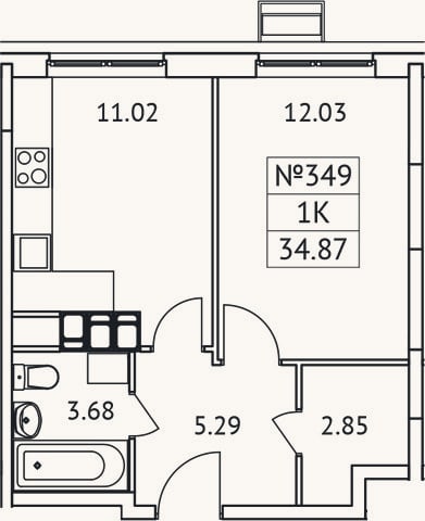 Планировка: 1-к, 34,9 м²