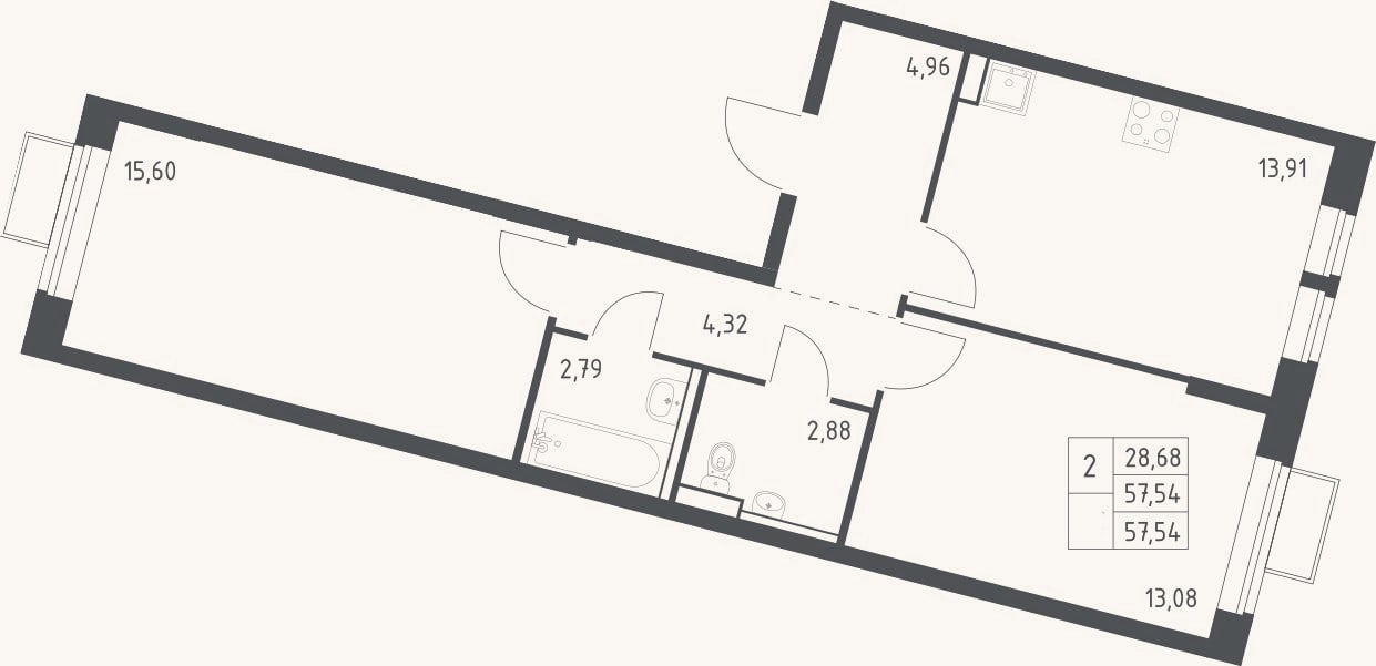 Планировка: 2-к, 57,5 м²