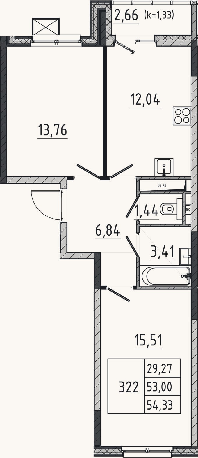 Планировка: 2-к, 53 м²