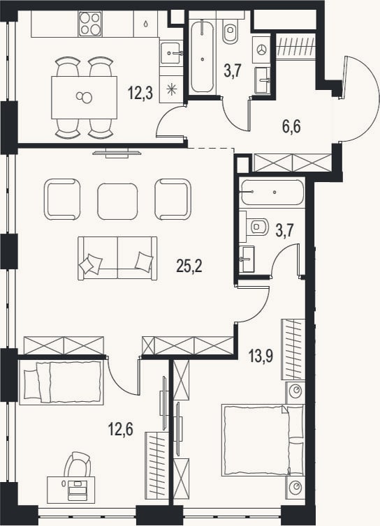 Планировка: 3-к, 78 м²