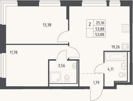 Планировка: 3-к, 53,9 м²