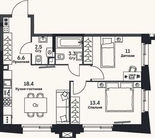 Планировка: 3-к, 55,1 м²