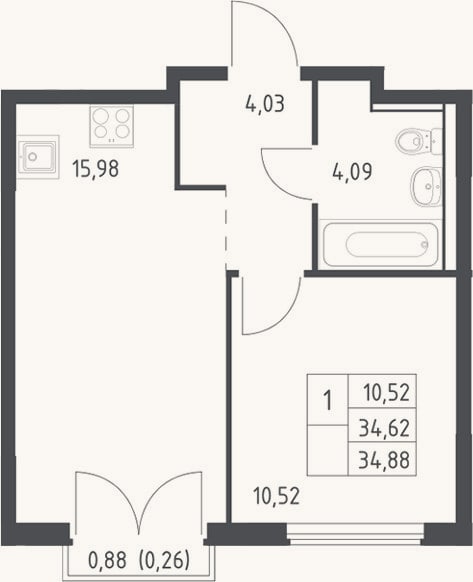 Планировка: 2-к, 34,6 м²