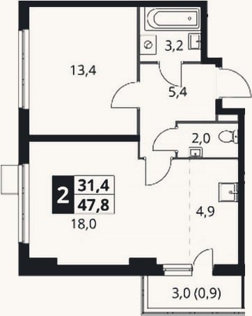 Планировка: 2-к, 46,9 м²