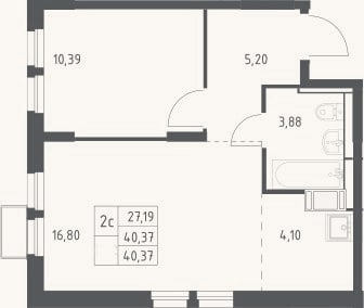 Планировка: 2-к, 40,4 м²