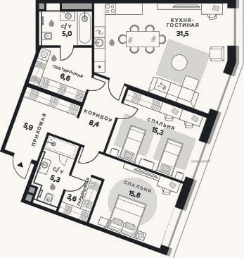 Планировка: 2-к, 97,4 м²