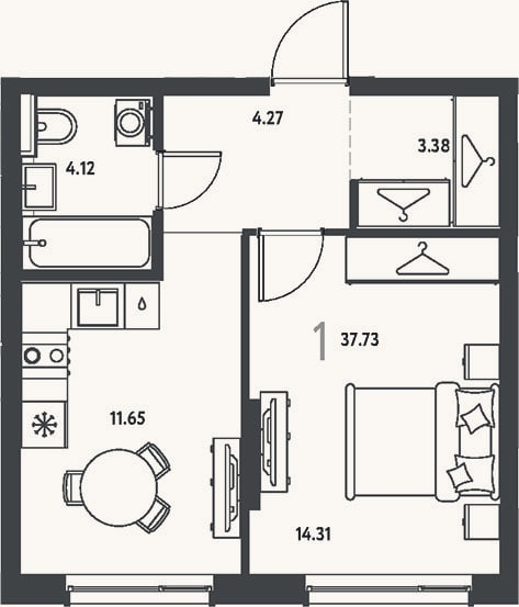 Планировка: 1-к, 37,7 м²