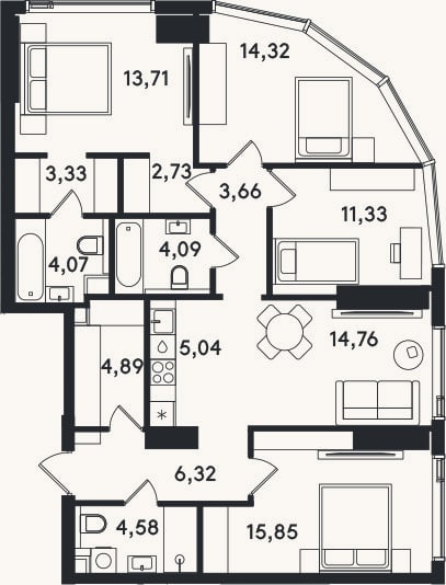 Планировка: 4+ к, 108,7 м²