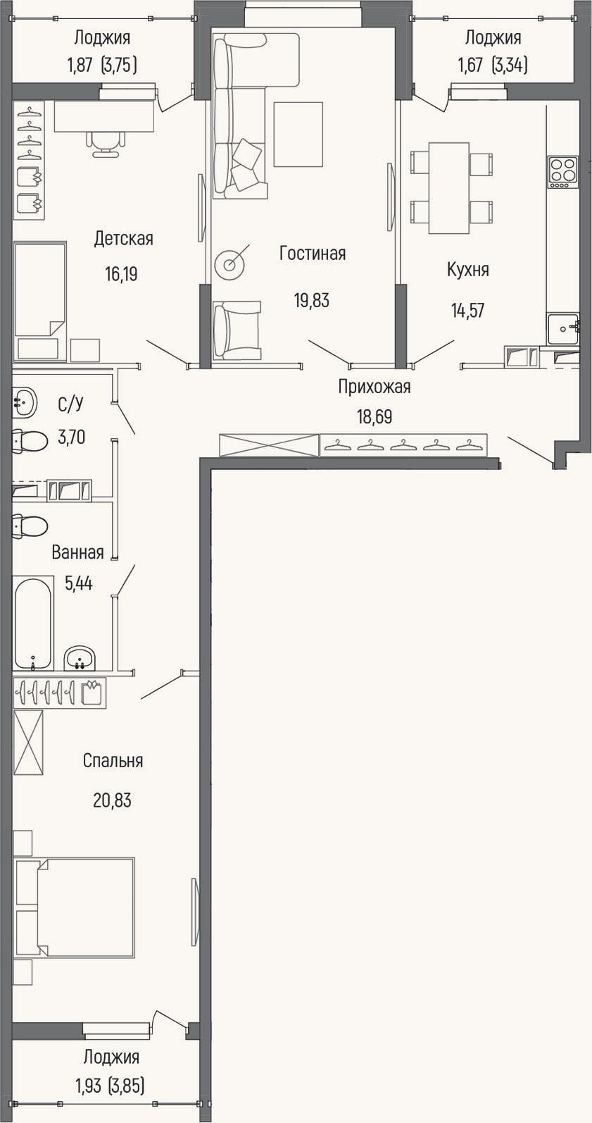 Планировка: 3-к, 99,3 м²