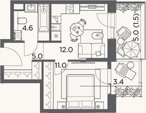 Планировка: 1-к, 32,6 м²